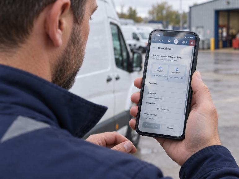 A driver using the Geotab File Manager Add-In to complete a form and upload a file inside the Geotab Drive app 